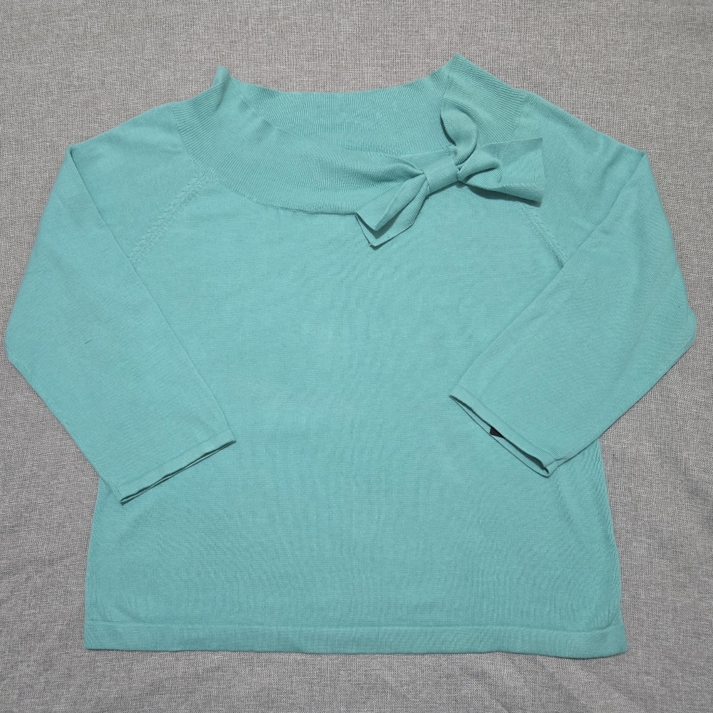 Sag Harbor Teal Aqua Knit Top Asymmetric Neckline with Bow Detail Size Large - Picture 7 of 11